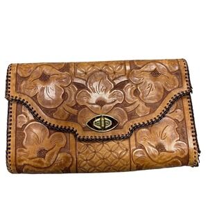 Vintage Tooled Leather Clutch Purse Floral Design Southwestern Boho Embossed